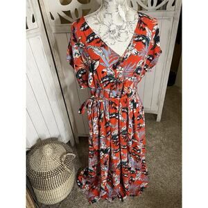 LOFT Women's Short-Sleeve V Neck Size 12 Orange Red Printed Floral & Belt